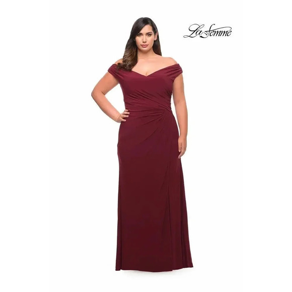 La Femme Deep Red Off-Shoulder Maxi Dress - Picture 5 of 8